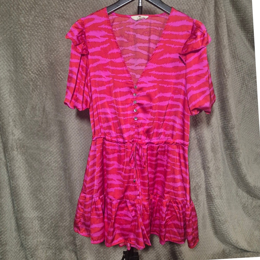 Entro Pink Orange Tiger Stripe Ruffle Romper V-Neck Button Front Small R20955